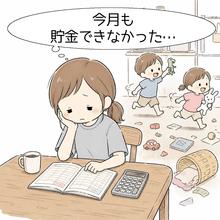 家計簿を前にため息をつくママ。背景で2人の子どもが散らかして遊んでいる