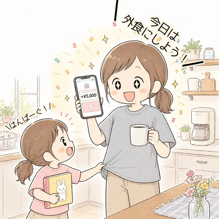 キッチンでスマホに+5,000円の通知。娘が「はんばーぐ！」と喜び、ママは「今日は外食にしよう」と笑顔。紙吹雪が舞う